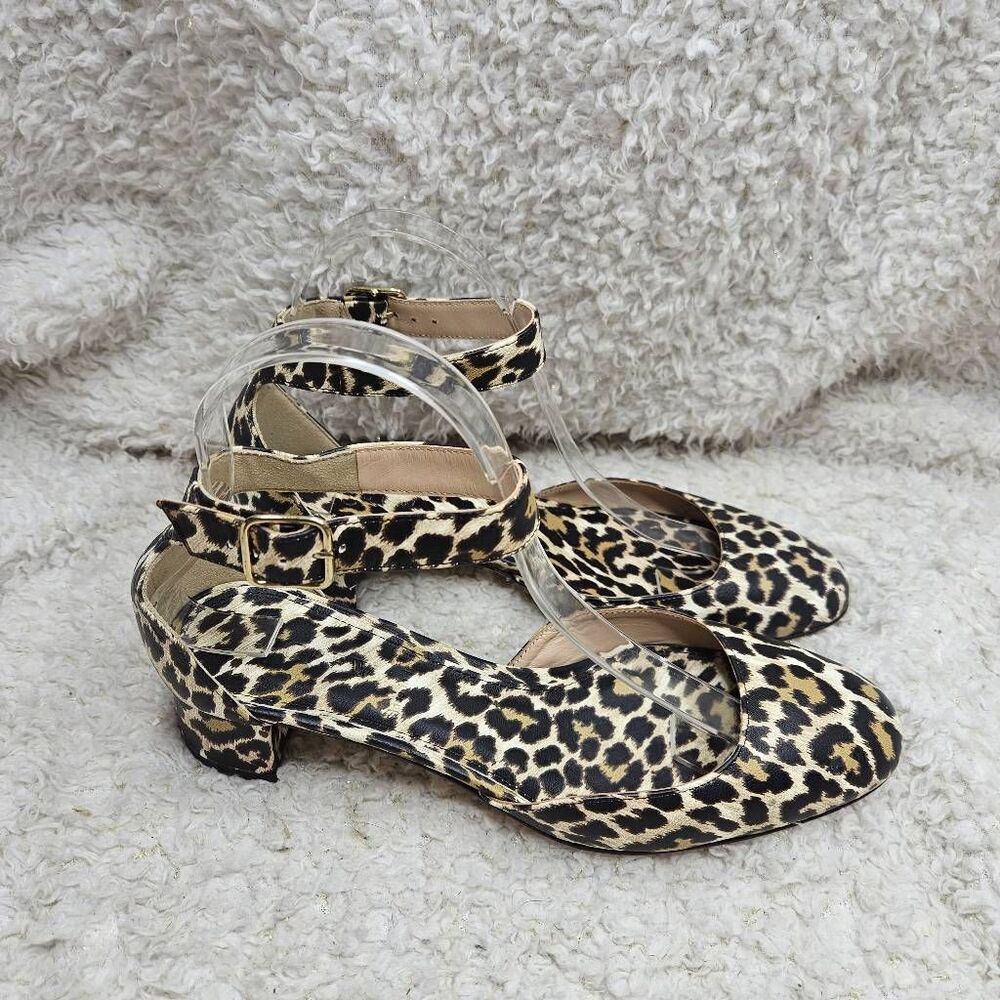 J. Crew Leather Leopard Print Made in Italy Ankle Strap Block Heel Shoes Womens